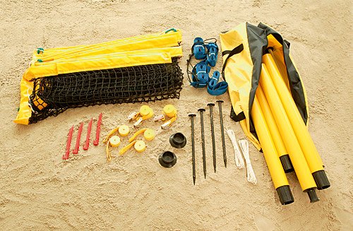 Beach tennis set - 2 posts of 1.90 m long - 4 tension straps of 2.5 cm - beach tennis net of 9.5 mx 1 m with Kevlar cable of 10.40 m and with a fluorescent yellow band of 5 cm wide - playing field marking of 5 cm wide with dimensions 9 mx 18 m adjustable to 8 mx 16 m - 4 beach pegs - carrying bag