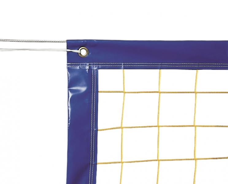 Beachvolleybal trainingsnet 2.5 mm PP - geel - 9.50 m x 1 m voor speelveld 9 m x 18 m - met staalkabel en blauwe band 80 mm rondom