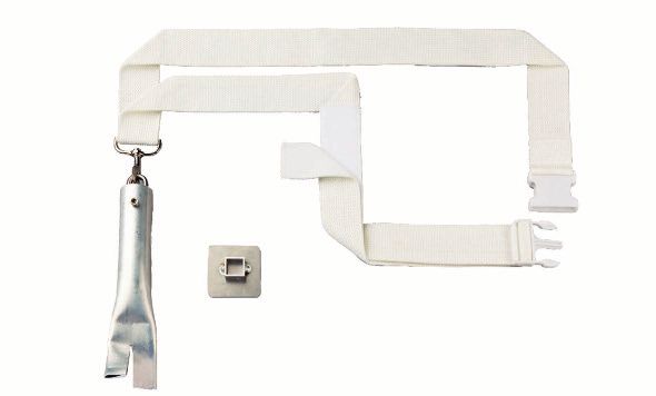 Tennis adjuster strap from PES with adjustable plastic click buckle and stainless steel carabiner integrated in the net