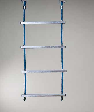 Touwladder - 16 mm Hercules touw met staalkern - aluminium sporten, 45 cm breed - 3 sporten/meter - blauw - met twee geklemde kousogen en ring