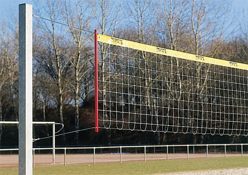 Antivandalisme volleybalnetten dralo net 2 mm - maas 10 cm - 9,50 m breed, 1,00 m hoog - met 160 mm brede zoomband met Huck bedrukking