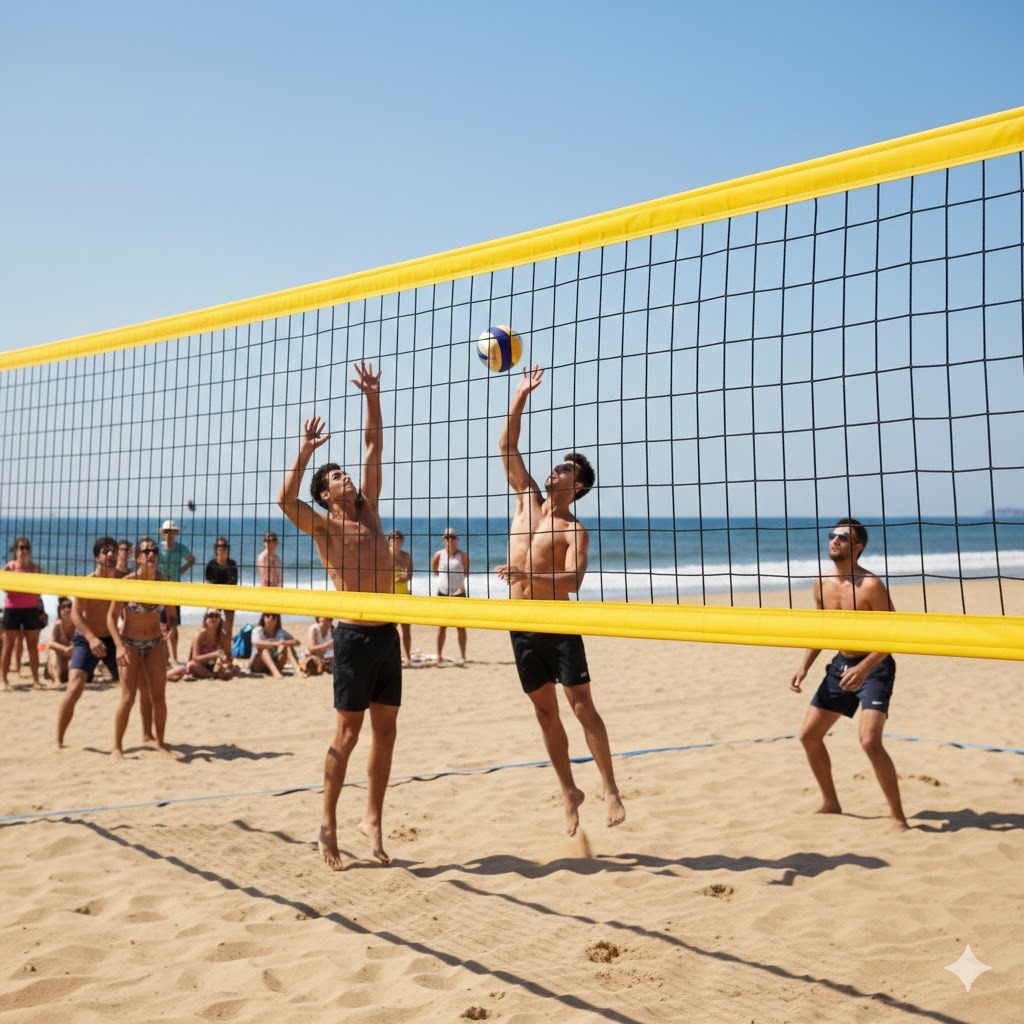 Beach volleyball competition net, 3 mm PP – 8.50 x 1 m – black with yellow band