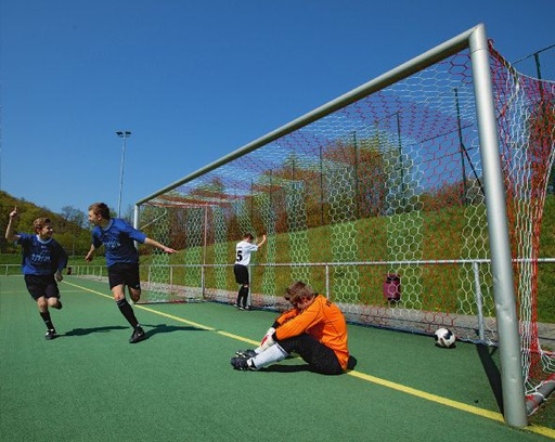 Tweekleurige voetbaldoelnetten 6-hoekige mazen - 3,5 mm PP - 7,50 m breed, 2,50 m hoog, diepte 2,00 m boven en 2,00 m onder