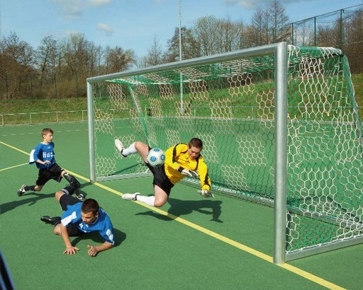 Zweifarbige Jugend-Fußballtornetze 6-eckige Maschen - 3,5 mm PP - 5,15 m breit, 2,05 m hoch, Tiefe 0,80 m oben und 1,50 m unten